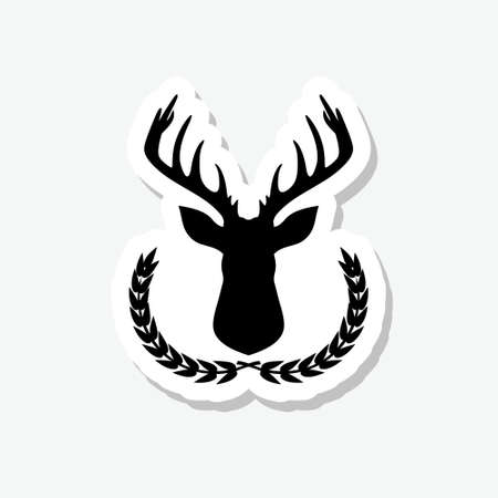 Hunting trophy. Deer head with big antlers in laurel wreath sticker isolated on gray backgroundのイラスト素材