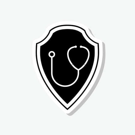 Shield and illustration of a medical stethoscope on it sticker isolated on gray backgroundのイラスト素材