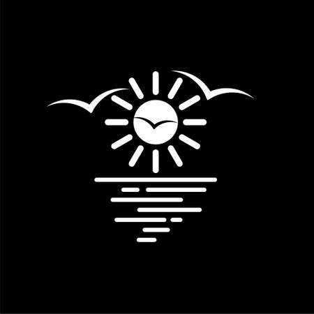 Ocean icon with sun, sea waves, sunset and seagulls silhouette isolated on dark backgroundのイラスト素材