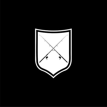 Simple Logo Icon Fishing rod with Shield isolated on dark backgroundのイラスト素材