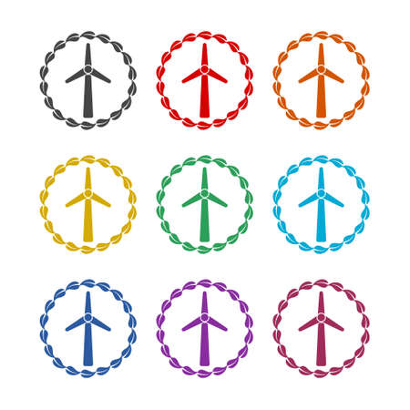 Wind Mill With Leaves In Blades Icon, color setのイラスト素材