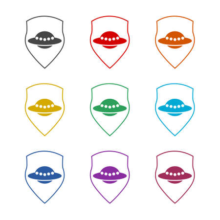 UFO and shield logo icon, color setのイラスト素材