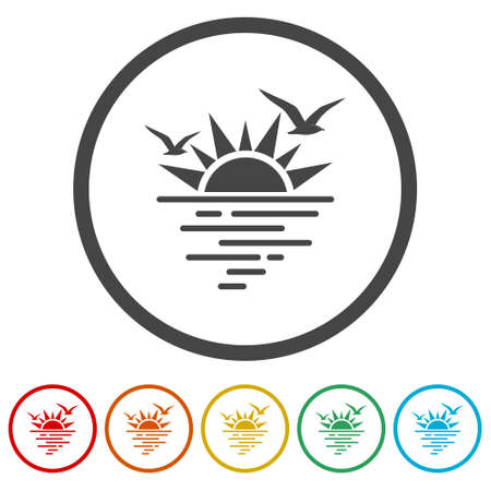 Sun, sea waves, sunset and seagulls silhouette ring icon, color setのイラスト素材