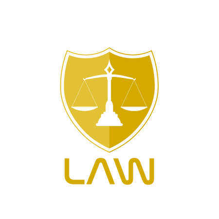 Law logo. Golden shield of justice with scales inside icon isolated on white backgroundのイラスト素材