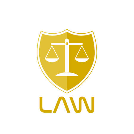 Law logo. Golden shield of justice with scales inside icon isolated on white backgroundのイラスト素材