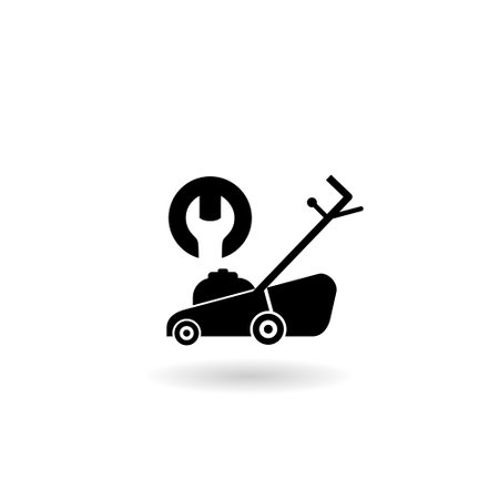 Repair of lawn mower glyph icon with shadowのイラスト素材