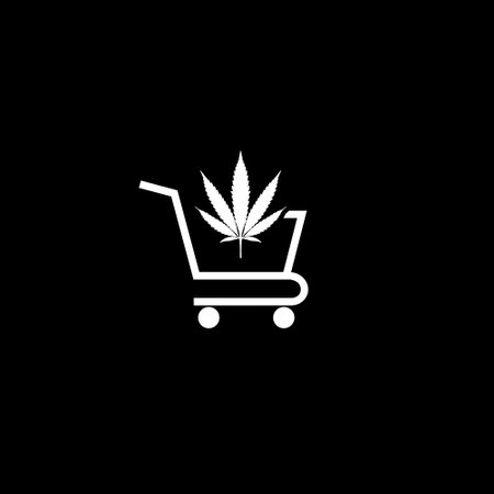 Shopping cart with marijuana or cannabis leaf icon isolated on dark backgroundのイラスト素材