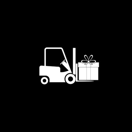 Forklift with big gift box icon isolated on dark backgroundのイラスト素材