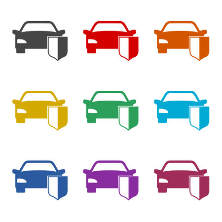 Car with shield color icon set isolated on white backgroundのイラスト素材
