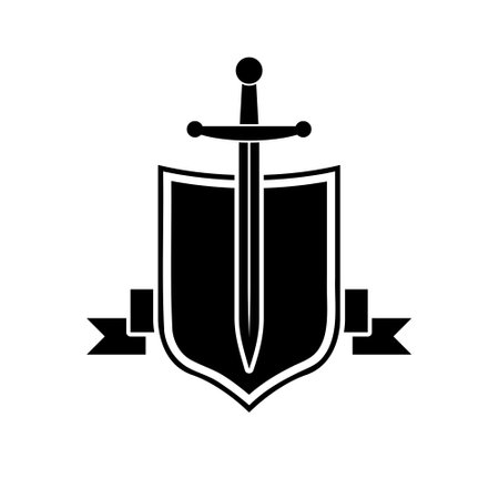 Shield and sword logo. Guard shield business concept icon isolated on white backgroundのイラスト素材