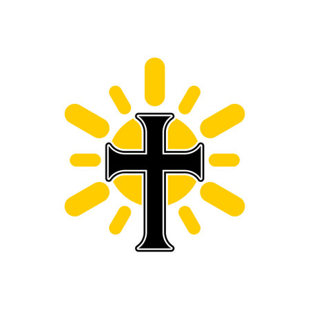 Christian cross with sun rays icon isolated on white backgroundのイラスト素材