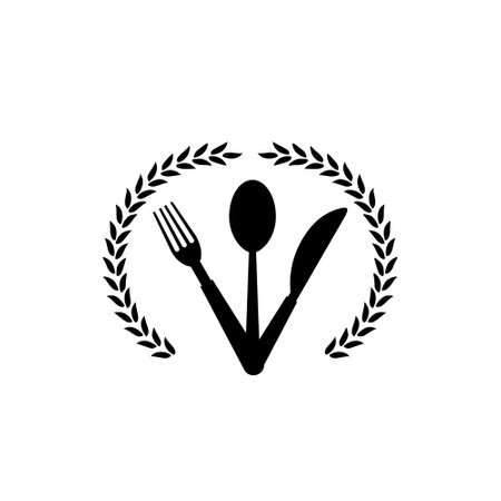 Spoon, Fork and Knife with laurel wreath icon isolated on white backgroundのイラスト素材