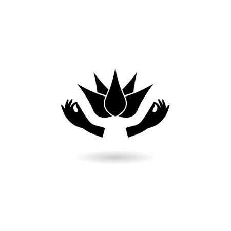 The hand holds a lotus flower icon with shadowのイラスト素材