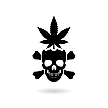 Human skull with marijuana leaf icon with shadowのイラスト素材