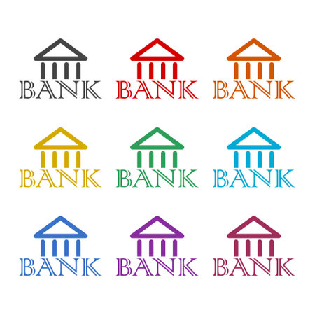 Bank building icon isolated on white background, color setのイラスト素材