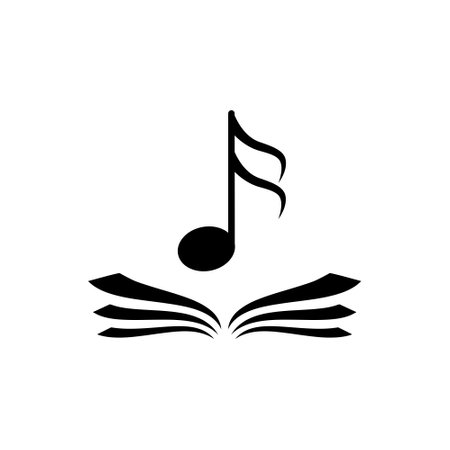 Audio book logo. Black opened book with music note icon isolated on white backgroundのイラスト素材