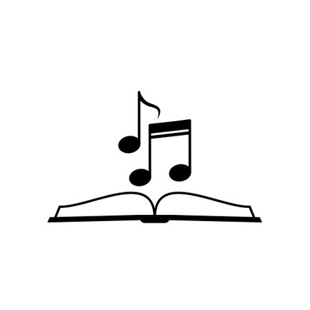 Audio book logo. Black opened book with music note icon isolated on white backgroundのイラスト素材