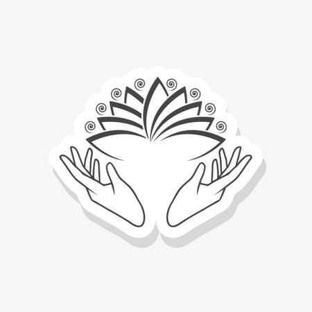 Female hand with lotus logo sticker isolated on white backgroundのイラスト素材