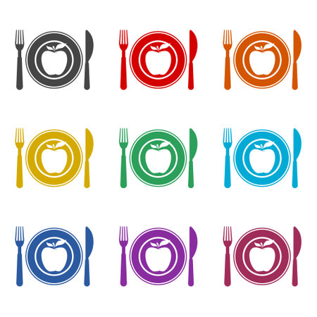 Diet fork apple healthy food icon or logo, color setのイラスト素材