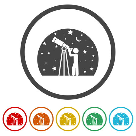 Man looking through huge telescope icon ringのイラスト素材