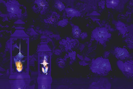 Dark lilac purple flowers with two candle lightsの写真素材