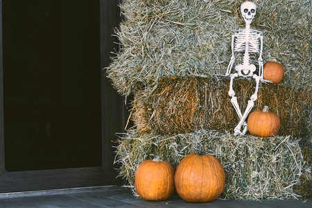 Halloween skeleton sitting on gray hay and orange pumpkins, place for text