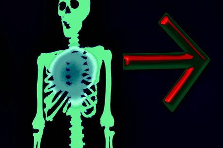 Halloween green funny skeleton with red arrow indicating the direction on blackの写真素材