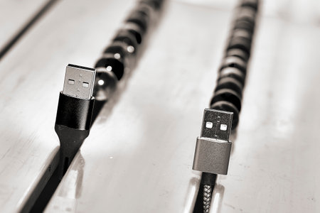 Connect and chat. Black and white usb cables and balloons