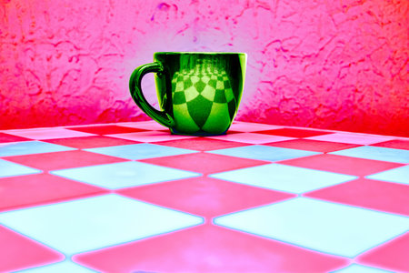 Green cup on white pink chess board and pink red abstract backgroundの写真素材