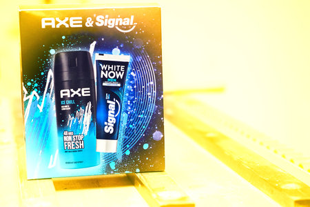 Kyiv, Ukraine. August 22,2022: Refreshing deodorant AX on yellow surfaceのeditorial素材