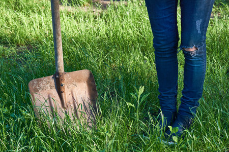 Ready to go. Female legs in jeans with a shovel on a green grassy meadowの写真素材