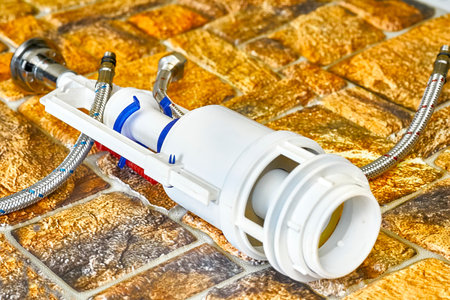 Plumbing. Flexible metal faucet hoses, flush mechanism, fittings, orange pvcの写真素材