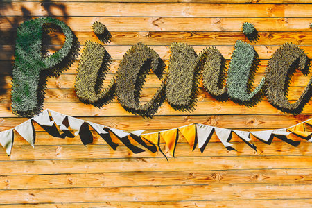 Cheerful inscription picnic on the wall of wooden boards with flagsの写真素材