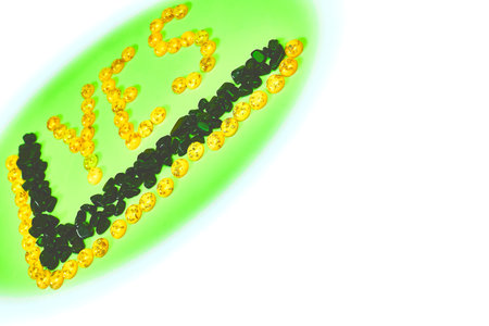 Inscription Yes. Green circle, black and yellow gold letters made of stones