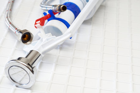 Plumbing. Flexible metal steel faucet hoses, flush mechanism, siphon fittingsの写真素材