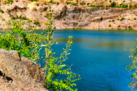 Old abandoned quarry lake filled with emerald water with radon