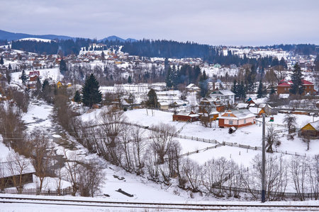 Mountain village on a winter cloudy day
