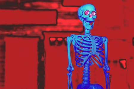 Light blue halloween skeleton on red