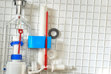 Plumbing. Flexible metal steel faucet hoses, flush mechanism, siphon fittingsの写真素材