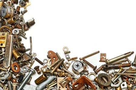 Iron small metal trash. Lots of different nuts, bolts, washersの写真素材