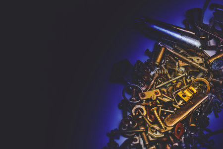 Iron small gold metal trash in dark blue. Lots of different nuts,bolts,washers