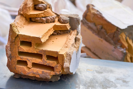 Red orange brick left after the destruction.After the disaster