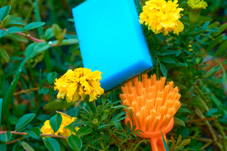 an implement consisting of a sponge or a bundle of thick loose strings attached to a handleの写真素材