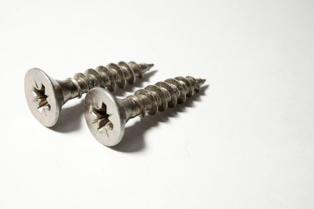 a short, slender, sharp pointed metal pin with a raised helical thread running around it and a slotted headの写真素材