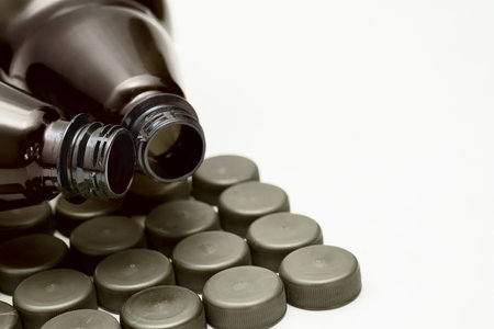 a container, typically made of glass or plastic and with a narrow neck, used for storing drinks or other liquidsの写真素材