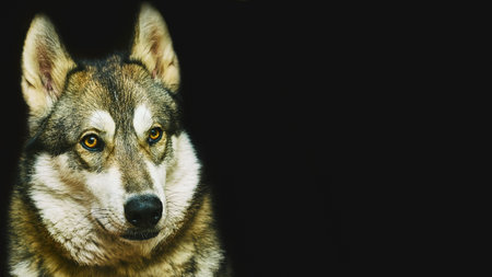 A breed of hunting sled guard dog with a curled fluffy tailの写真素材