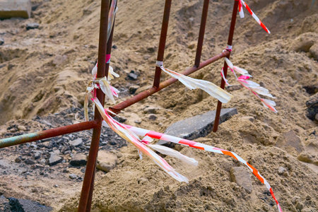 a barrier, railing, or other upright structure, typically of wood or wireの写真素材