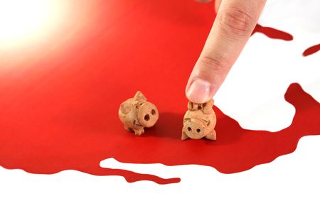 Two figure of pigs are standing at the map of America, illustration for の写真素材