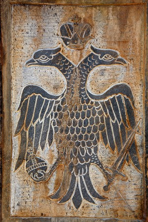 Two haeded stone eagle relief, symbol of Byzantine empire or East Roman Empireの写真素材