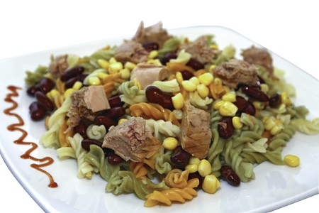 Mediterranean pasta with red beans, sweet corn and tuna fishの写真素材